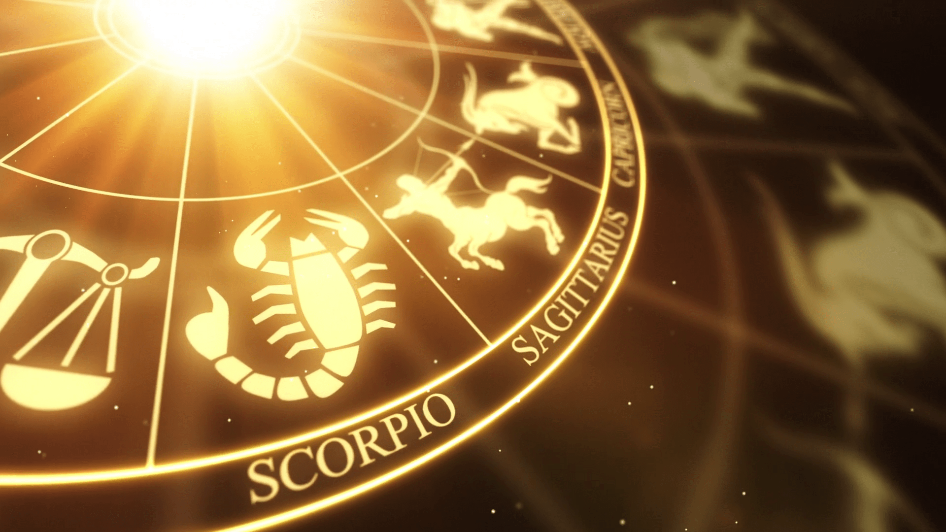 1920x1080 Zodiac Horoscope Astrological Sun Signs On a Spinning Wheel or Chakra. Seamless Looping Animated Motion Background Gold Golden Brown Yellow Orange