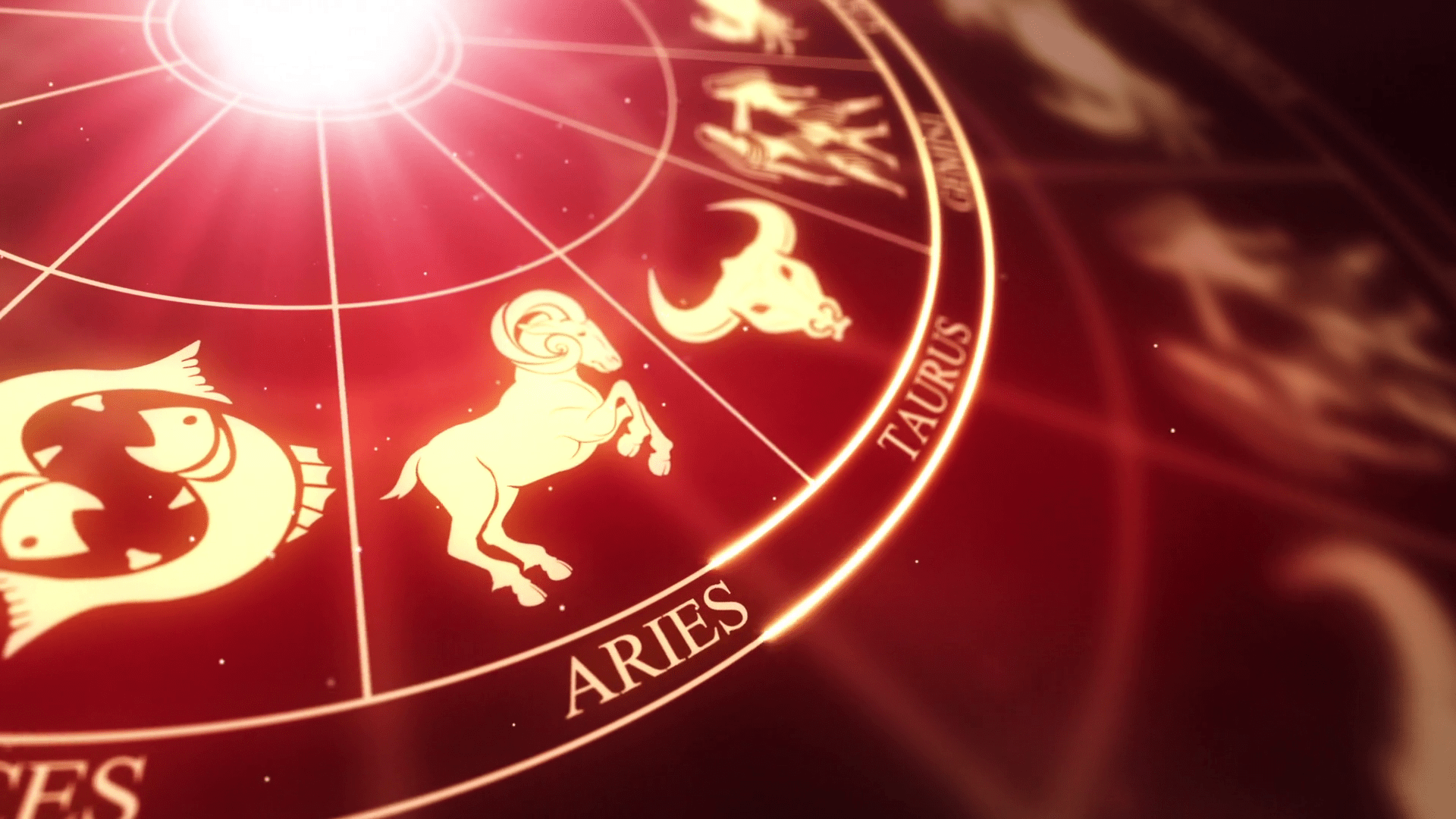 1920x1080 Zodiac Horoscope Astrological Sun Signs On a Spinning Wheel or Chakra. Seamless Looping Animated Motion Background Red Maroon Golden