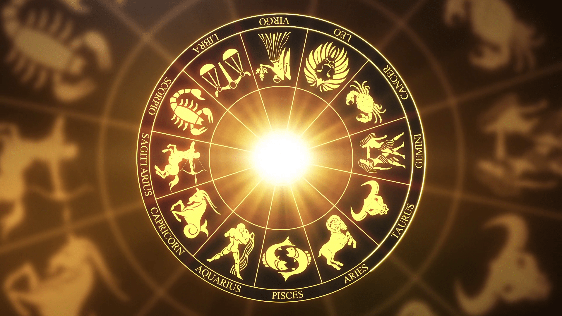 1920x1080 Zodiac Horoscope Astrological Sun Signs On a Spinning Wheel or Chakra Version 2. Seamless Looping Animated Motion Background Golden Brown Orange Yellow