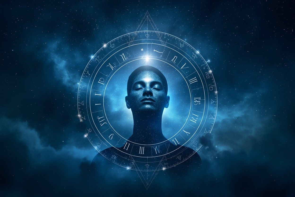 1248x832 Mystical Zodiac Wheel and Cosmic Human Silhouette Pinterest Banner