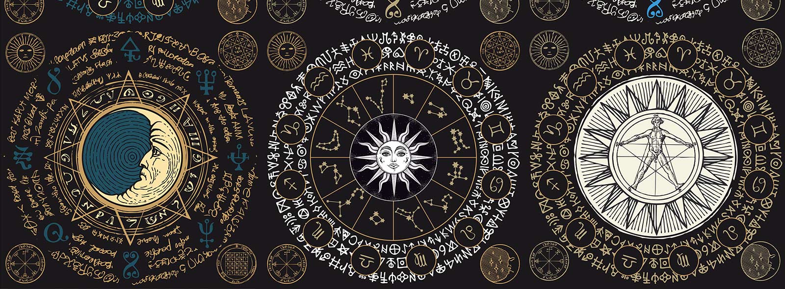 1600x589 Mystical Zodiac Mandala Wallpaper in Vintage Black and Gold Design