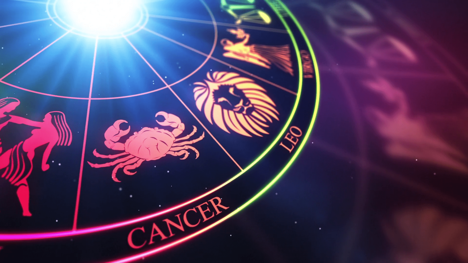 1920x1080 Zodiac Horoscope Astrological Sun Signs On a Spinning Wheel or Chakra. Seamless Looping Animated Motion Background Colorful Multicolored