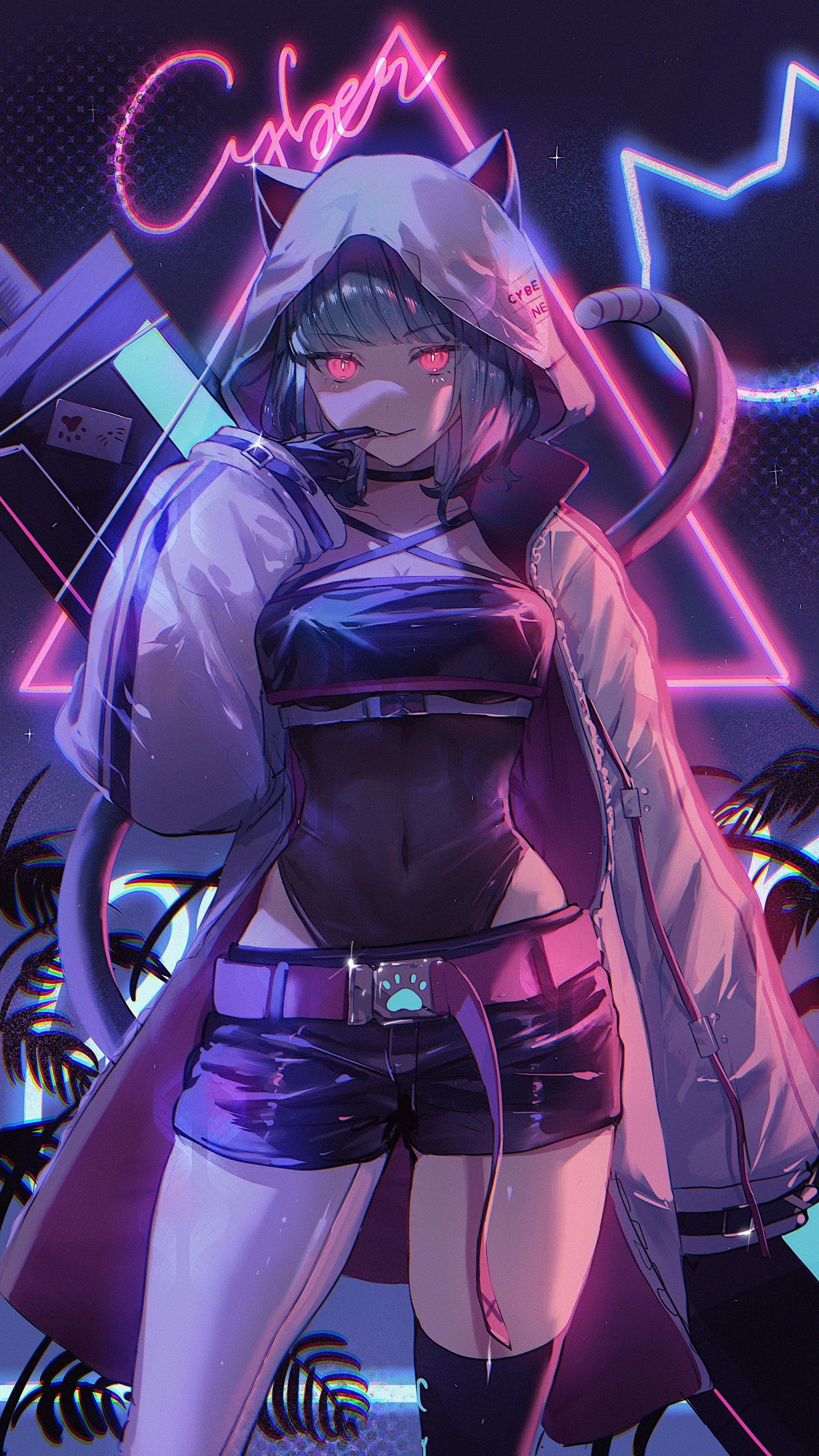 2160x3840 Wallpaper Cyber Neko, Anime Art, Animated Cartoon, Cartoon, Purple, Background Free Image