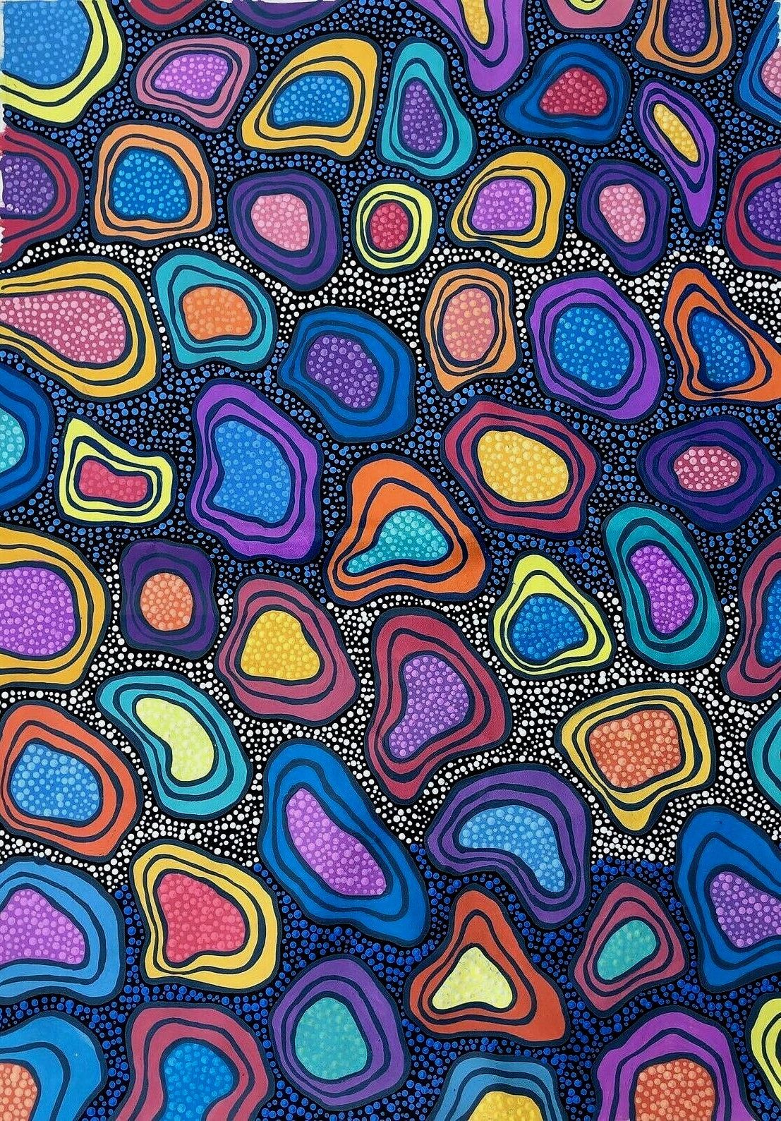 1107x1589 Aboriginal Waterholes Painting: Colorful Acrylic Art on Canvas