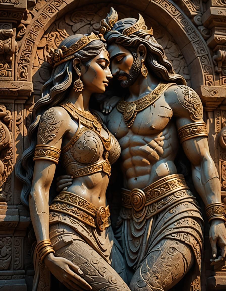 896x1152 Kama Sutra' Embrace: Hyperrealistic Temple Carving