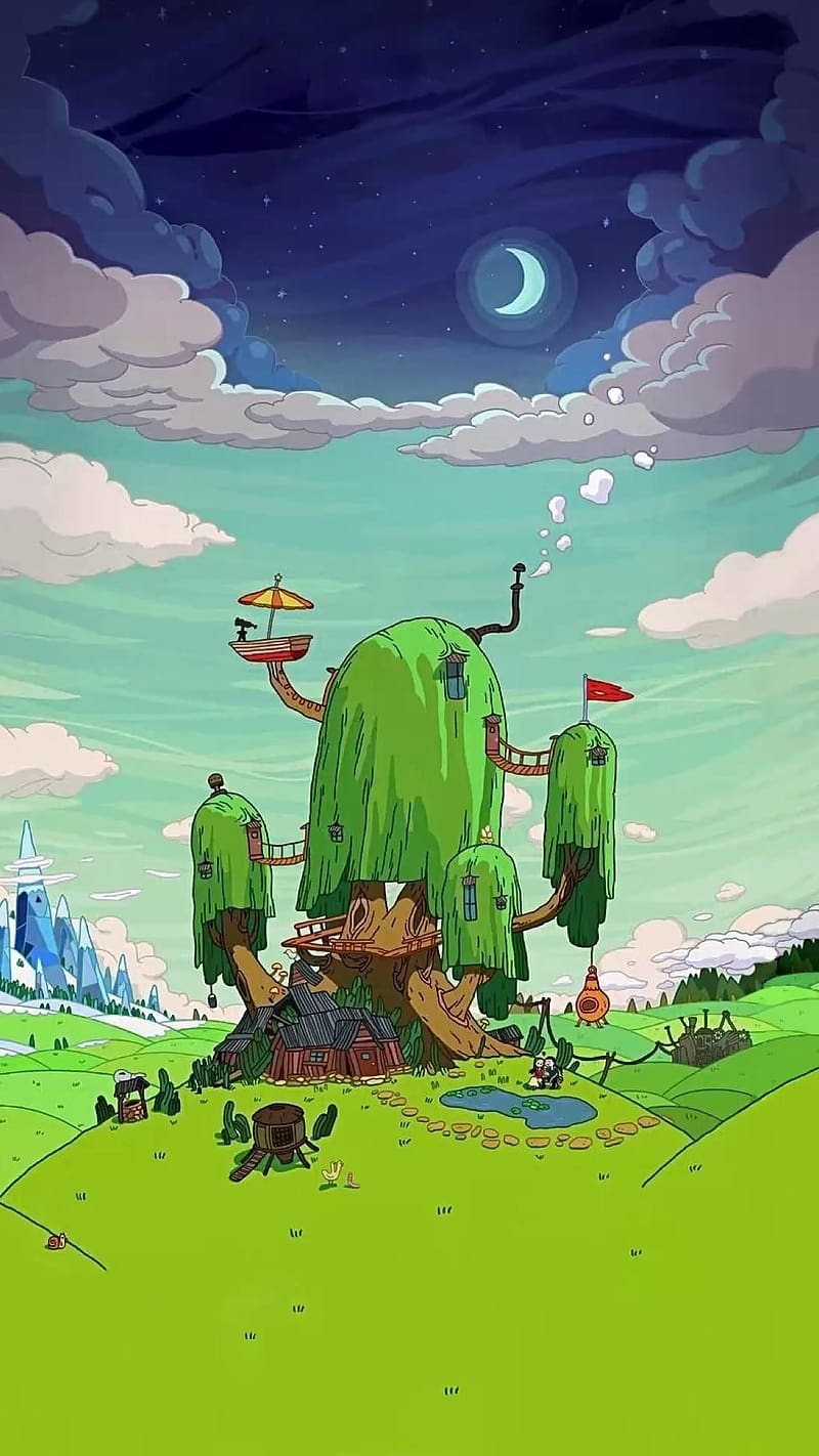 800x1422 Adventure Time, Tree House with Moon Background, animated, HD phone wallpaper