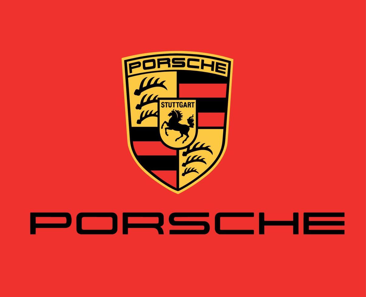 1205x980 Porsche Brand Logo Car Symbol With Name Yellow Design German Automobile Vector Illustration With Red Background
