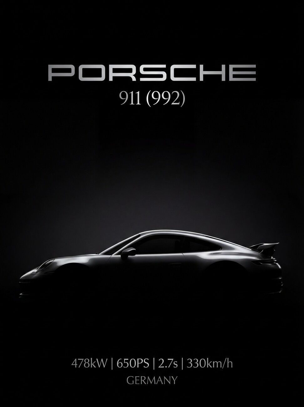 971x1300 Poster Porsche 911 (992) German Engineering Icon in Shadow Profile. Wall Art 1 FREE