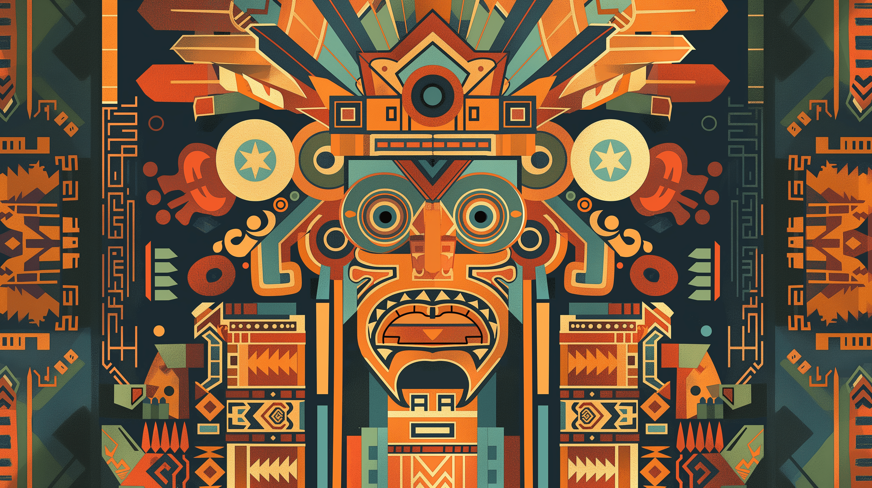 2912x1632 Aztec ethnic Mural Wallpaper. Aztec god in drawing