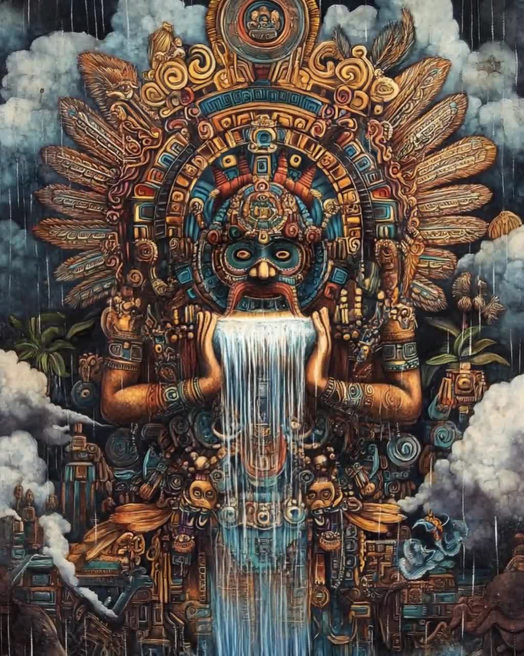 1024x1280 Aztec Rain God Tlaloc Art Print, Storm Clouds and Fertility Symbols