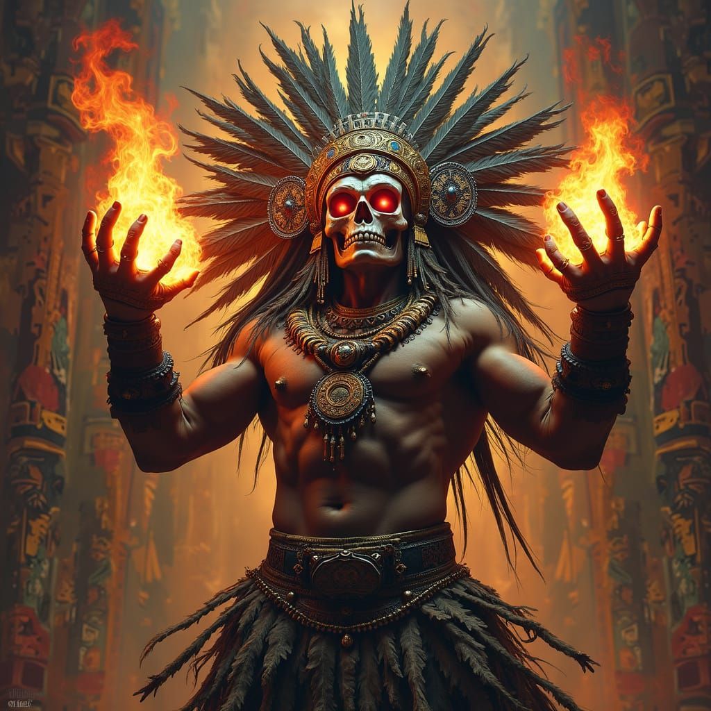 1024x1024 Hyperrealistic Aztec God Unleashes Fiery Blaze in