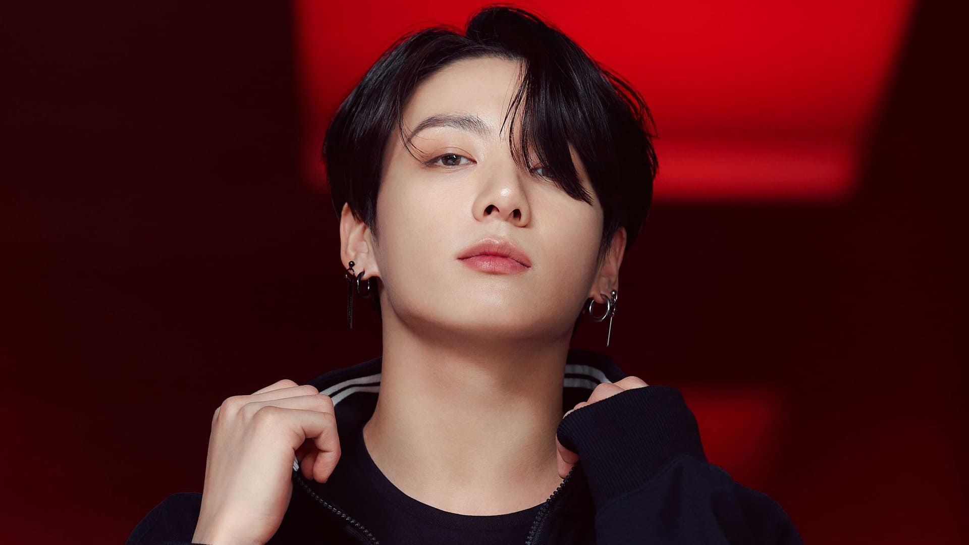 1920x1080 Jungkook Is Wearing Black Dress Standing In Blur Red Background HD Jungkook Wallpaper