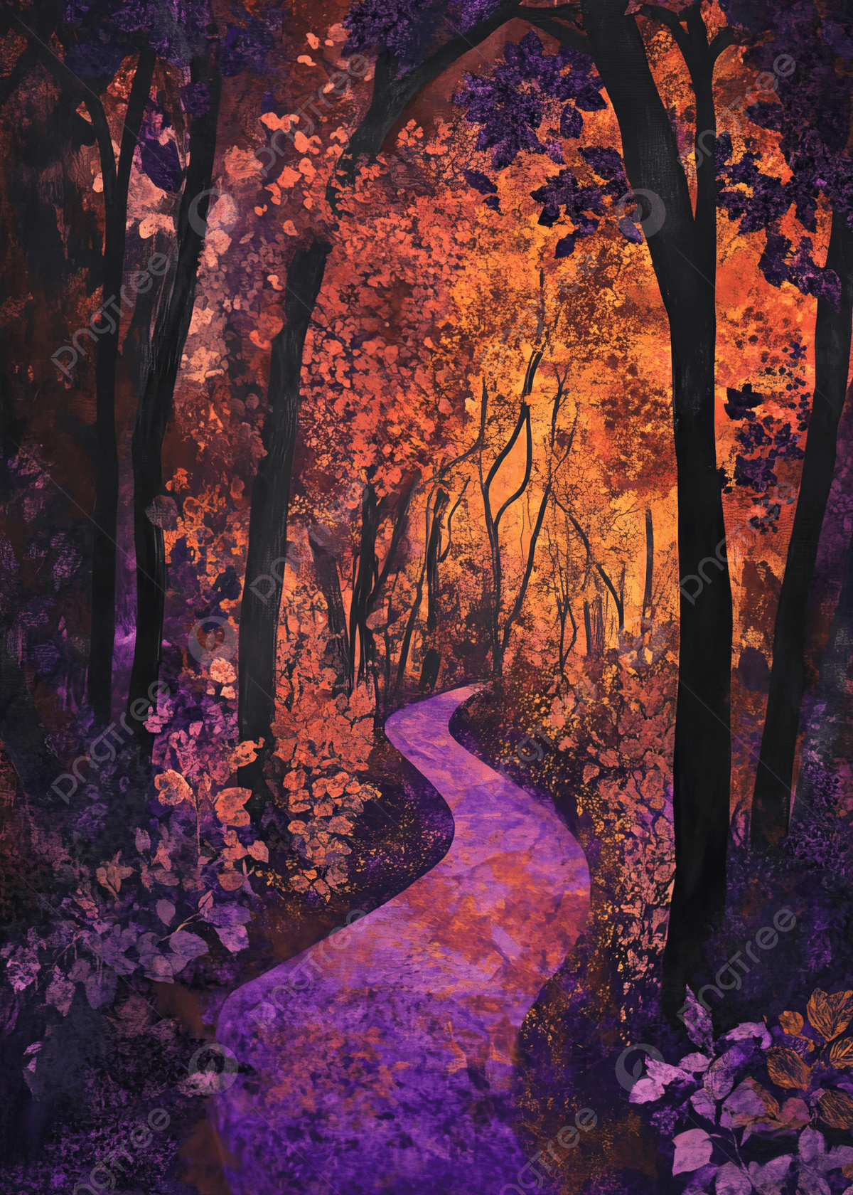 1200x1680 Mystical Forest Path Illuminated By Warm Autumn Colors With Dark Tree Silhouettes Background Wallpaper Image For Free Download