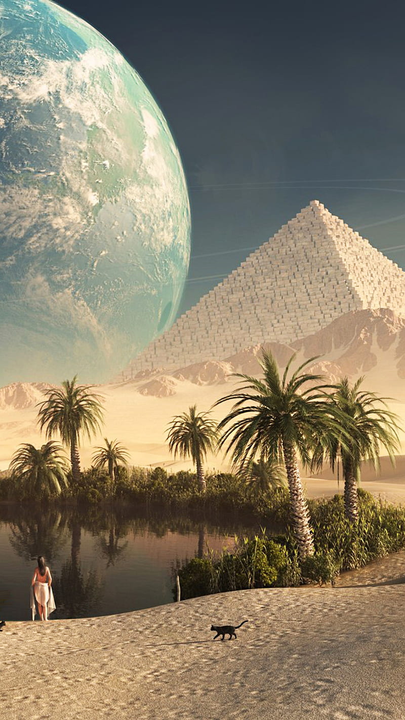 800x1422 Pyramid, egypt, girl, lake, palm, sand, tree, HD phone wallpaper