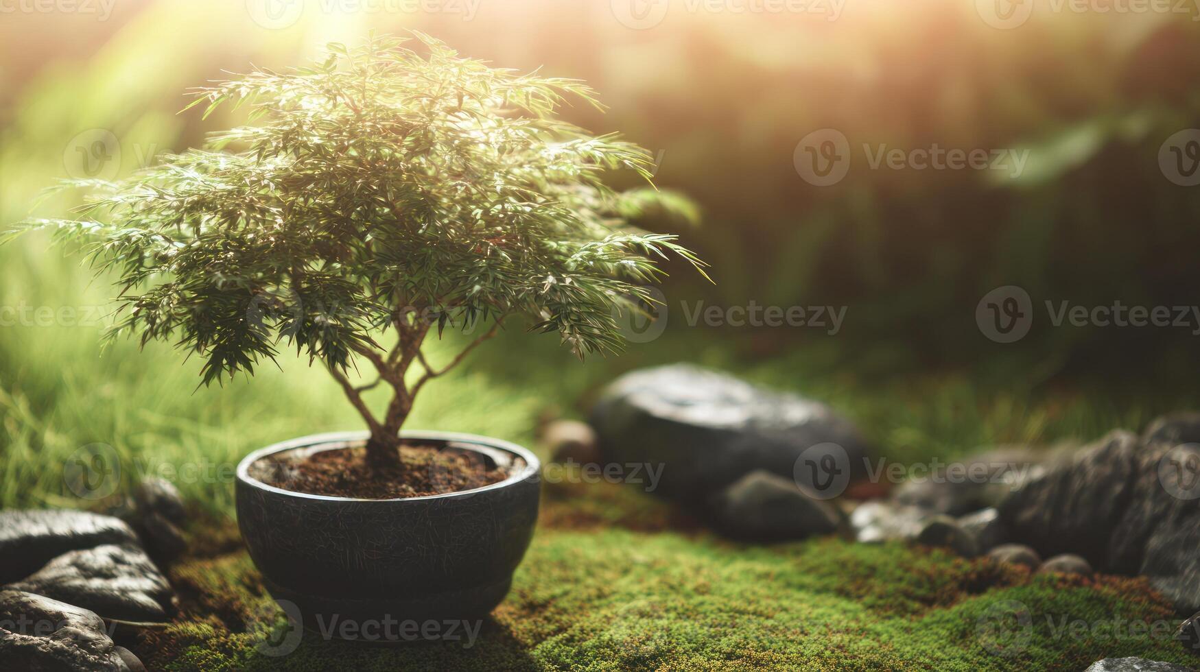 1749x980 Zen Bonsai Tree In Pot, Serene Garden With Moss, Rocks, And Sunlight, beauty