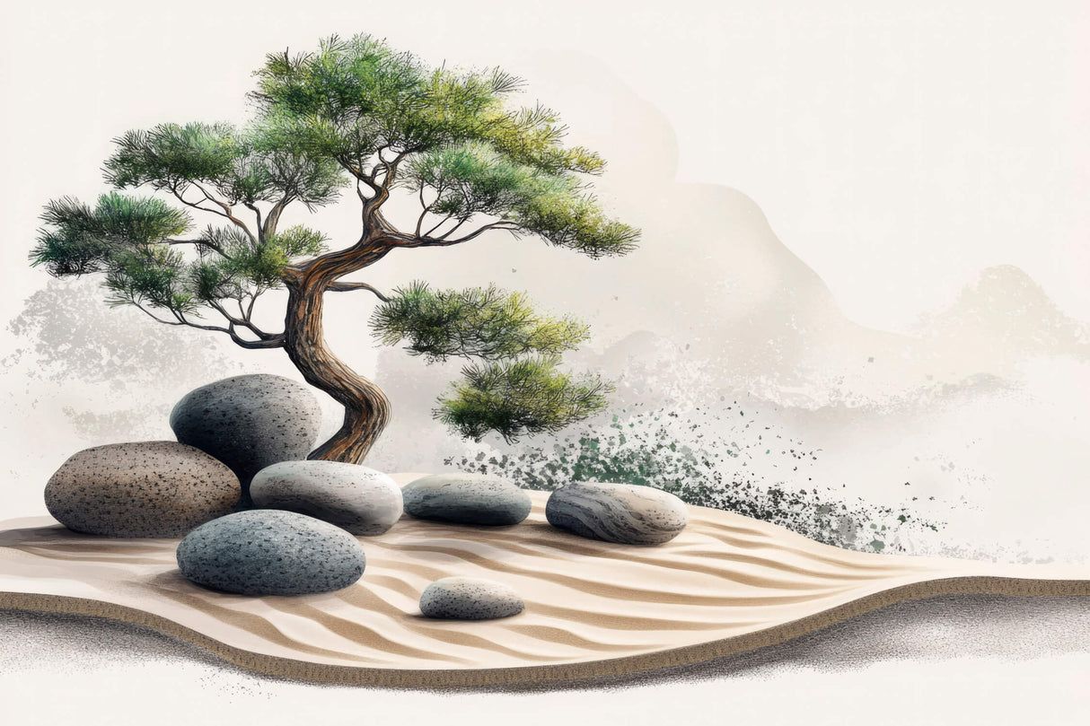 1214x809 Japanese Pine Mural Wallpaper. Zen Garden with Stones