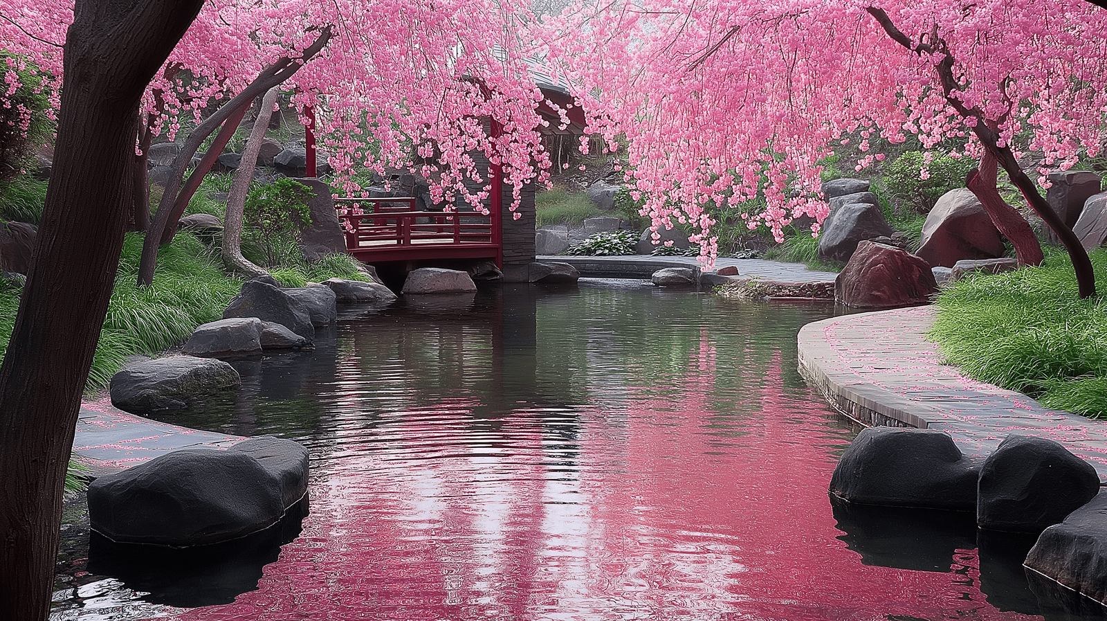 1600x897 Mural Wallpaper Japanese Garden. A Serene Landscape With Cherry Blossoms And A Traditional Bridge