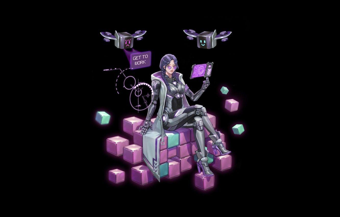 1332x850 Wallpaper Girl, Cubes, Art, Neon, Minimalism, Cyber, Tablet, Monitor, Drones, Discuzz, Get to work, Purple cube image for desktop, section минимализм