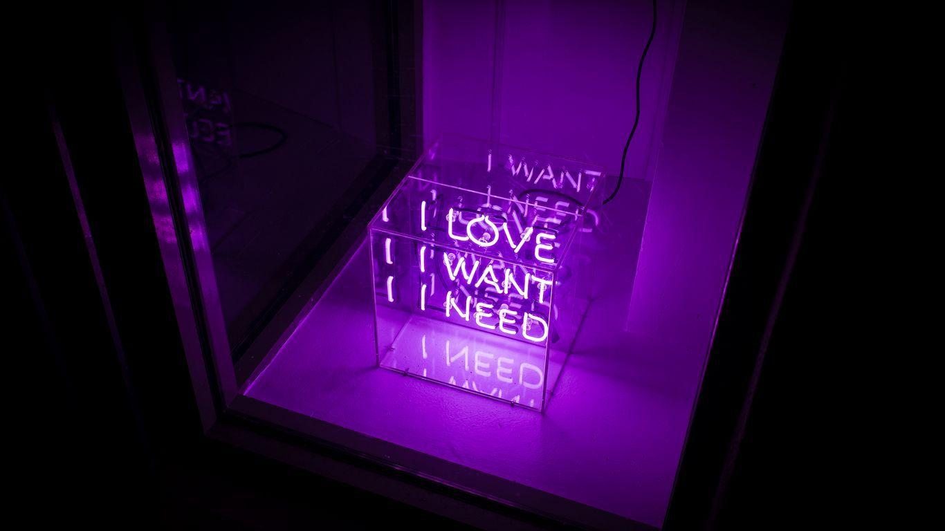 1366x768 Download wallpaper 1366x768 inscription, neon, cube, glow, purple tablet, laptop HD background