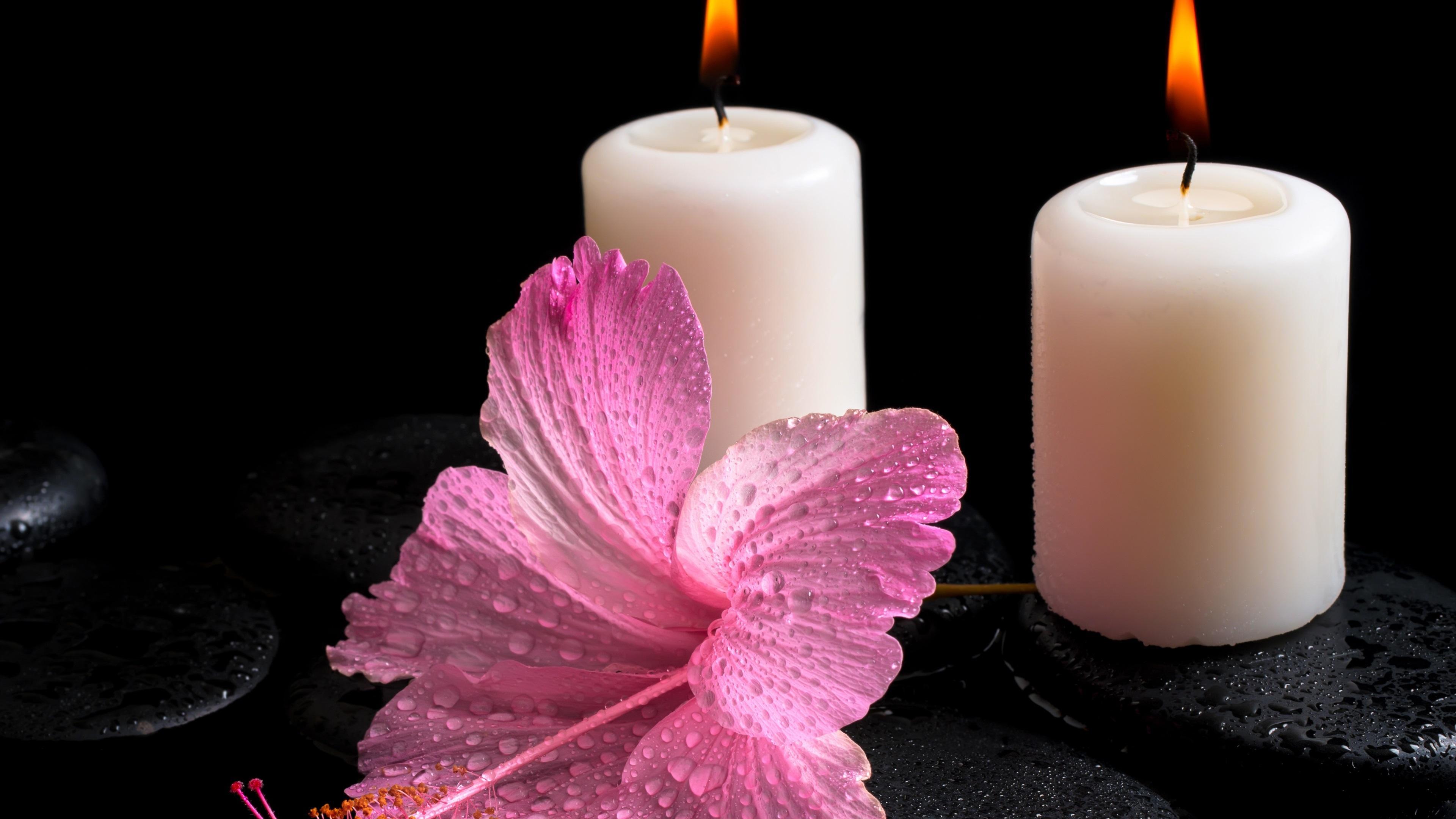 3840x2160 Flowers And Candle Lights Wallpaper