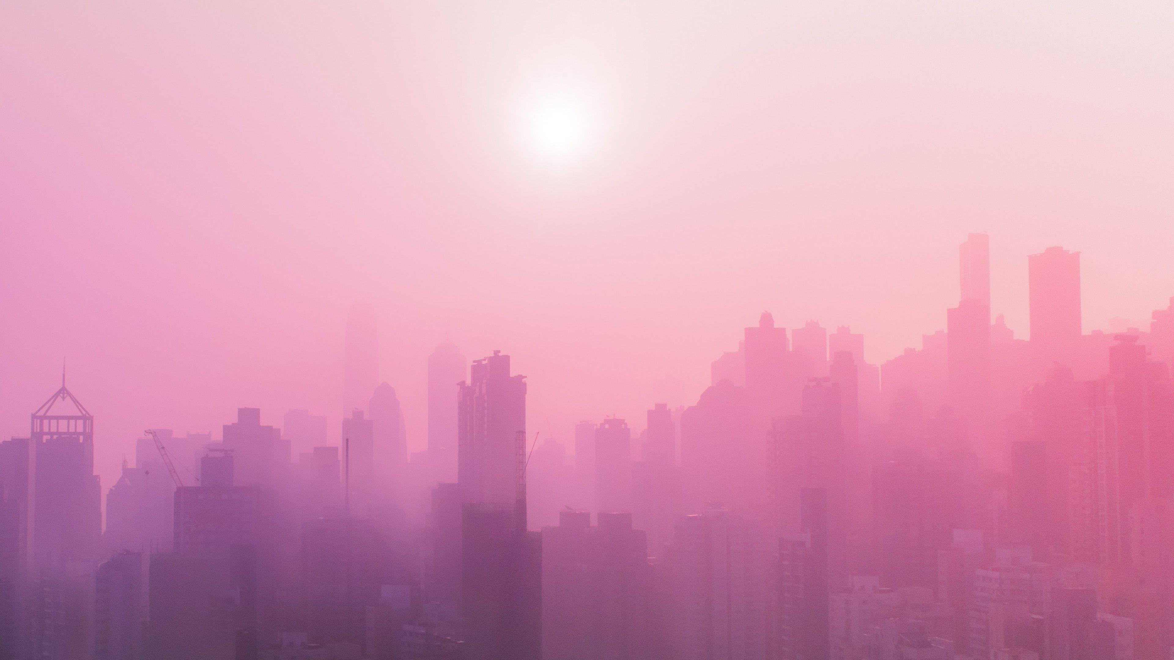 3840x2160 Cityscape 4K Wallpaper, Urban, Pink, Foggy, Sunrise, Skyscrapers, 5K, World