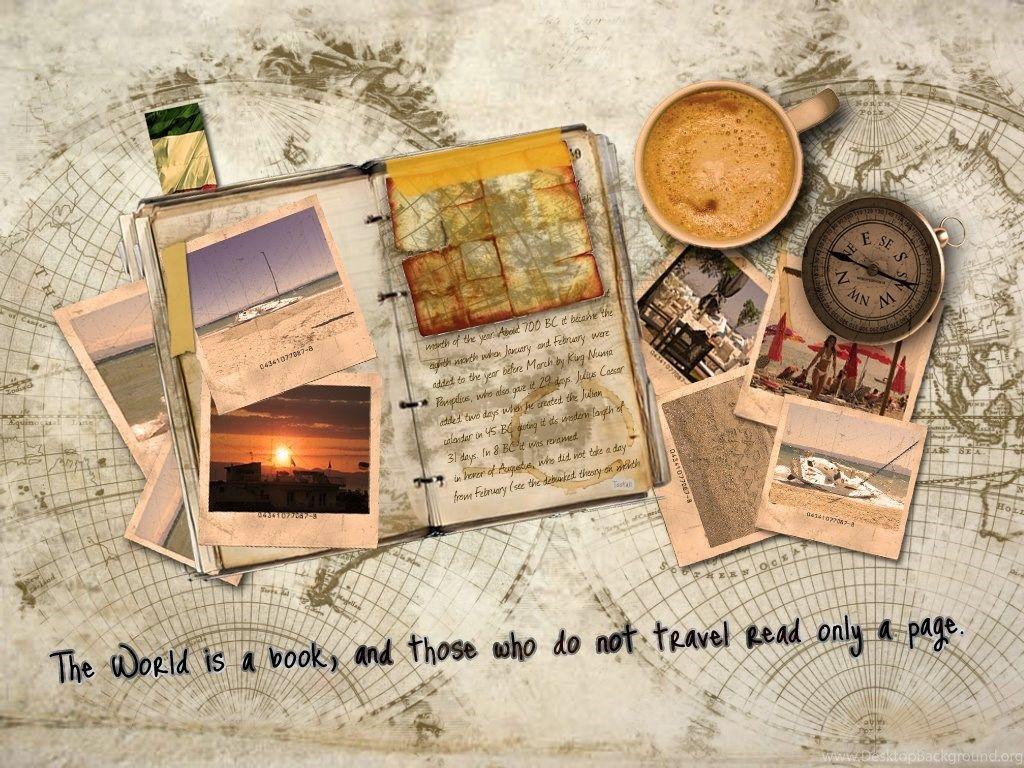 1024x768 Wallpaper Blue Yellow Flag Traveler Brush Coffe Compas Polaroid. Desktop Background