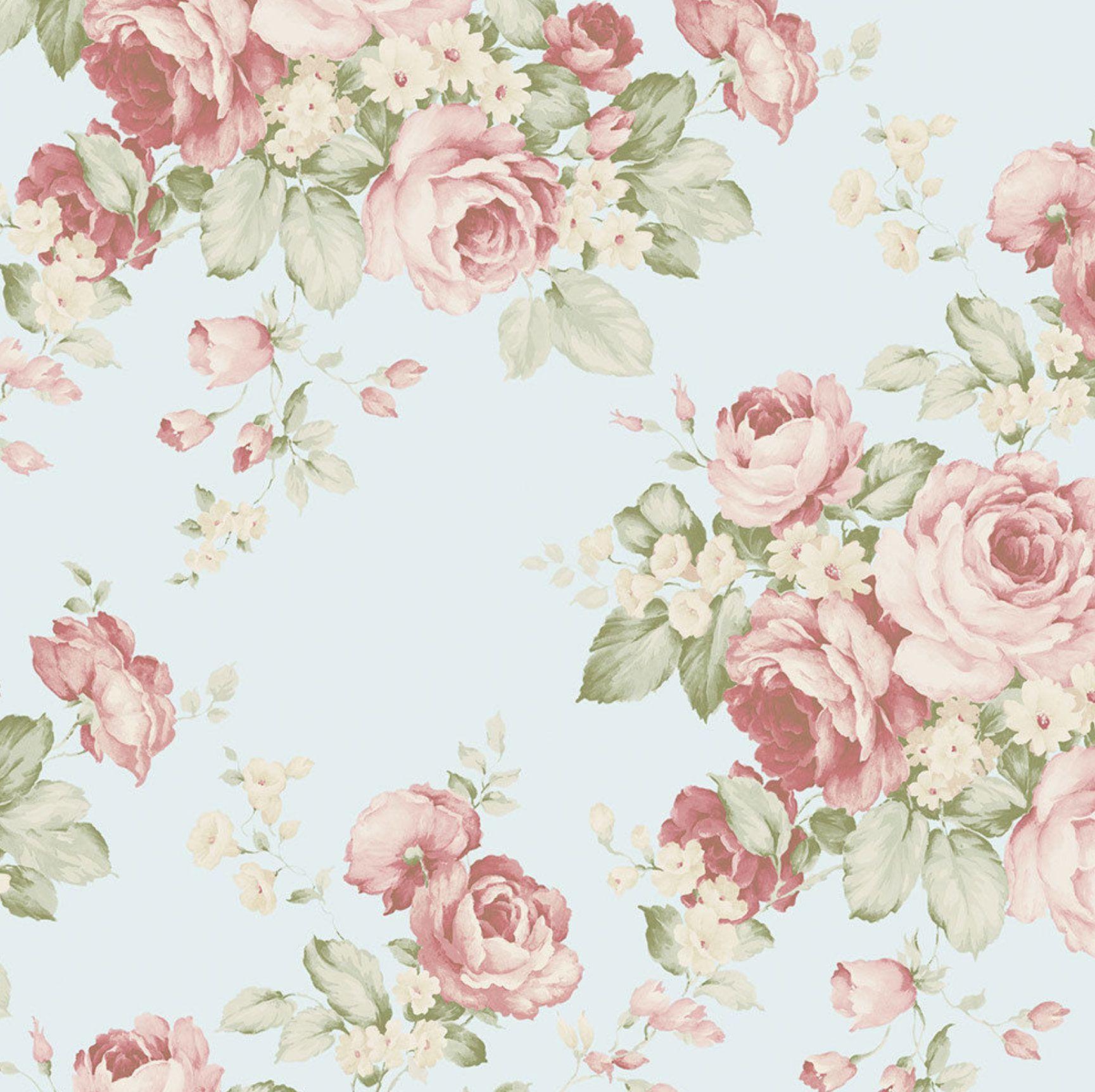 1729x1725 Light Blue Shabby Cottage Chic Wallpaper Faded Cabbage Rose