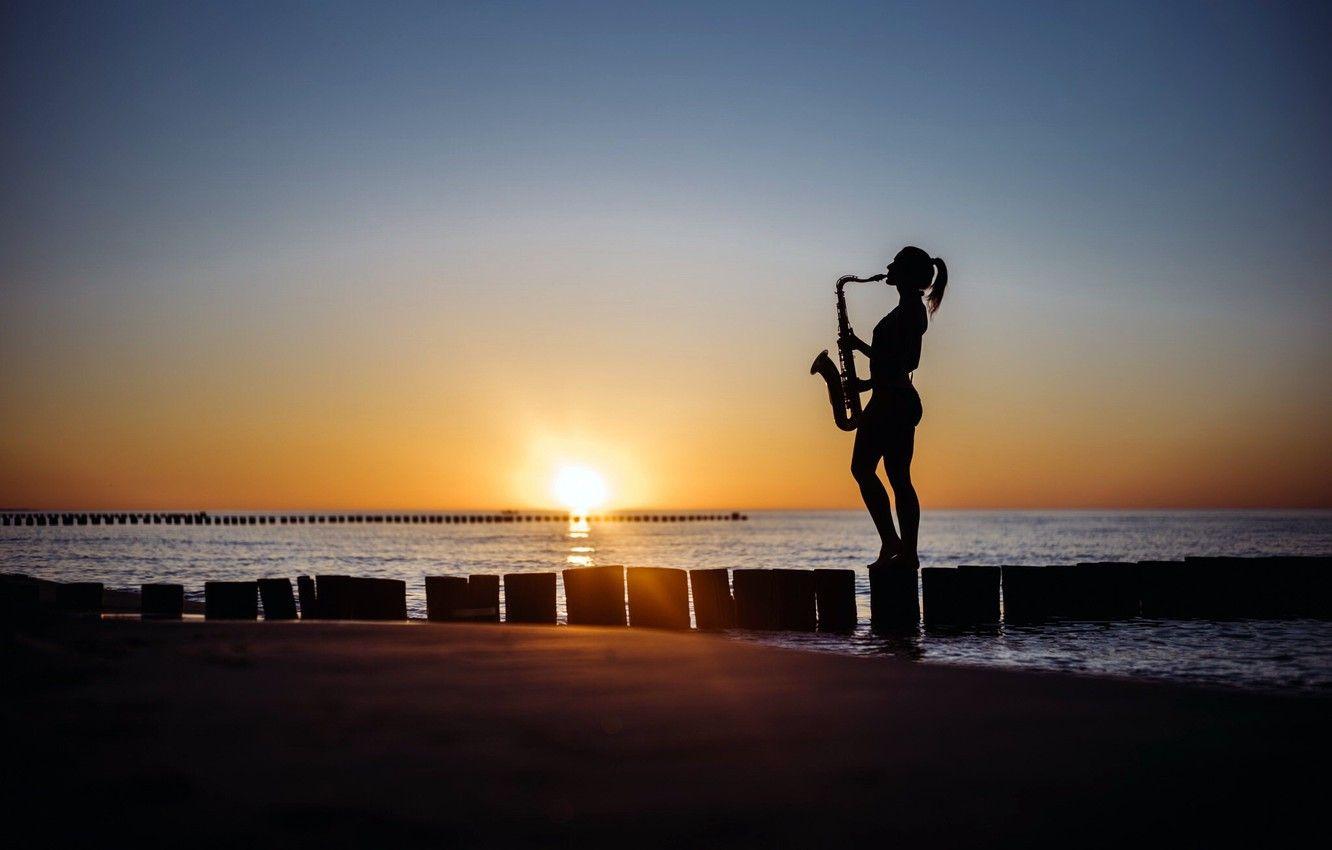 1332x850 Wallpaper sea, beach, girl, sunset, shore, saxophone image for desktop, section музыка
