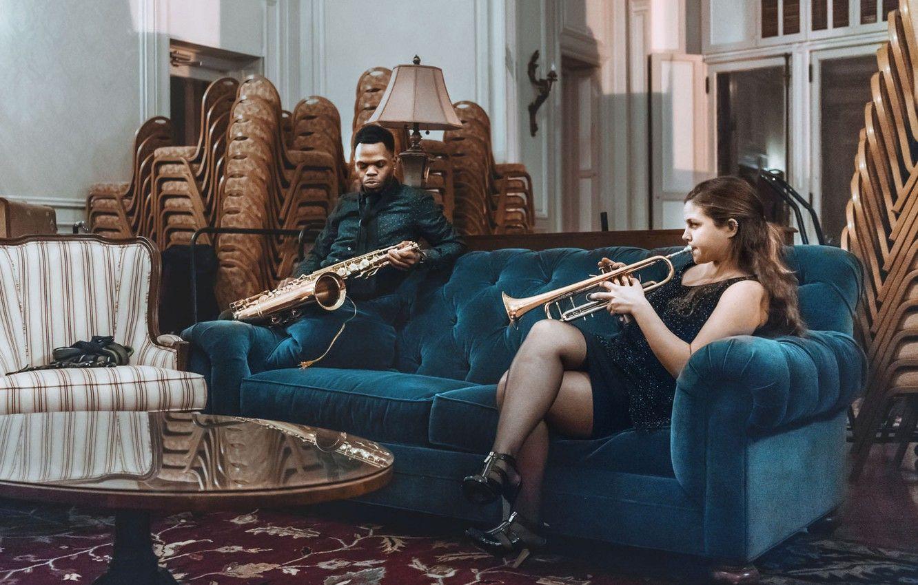 1332x850 Wallpaper girl, blue, man, living room, sofa, velvet, saxophone, musicians, trumpet image for desktop, section музыка