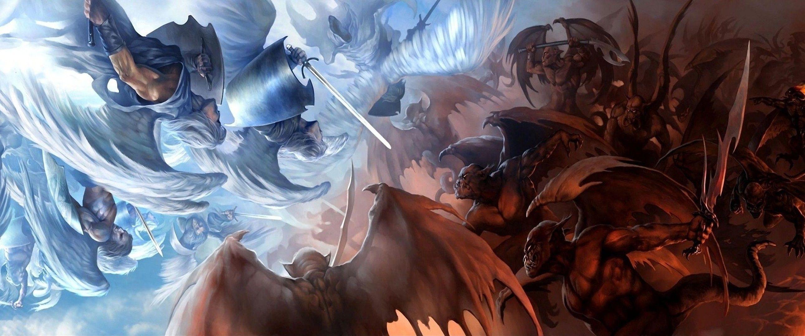 2585x1080 Art good evil, demons, sakimichan, battle, angels arms