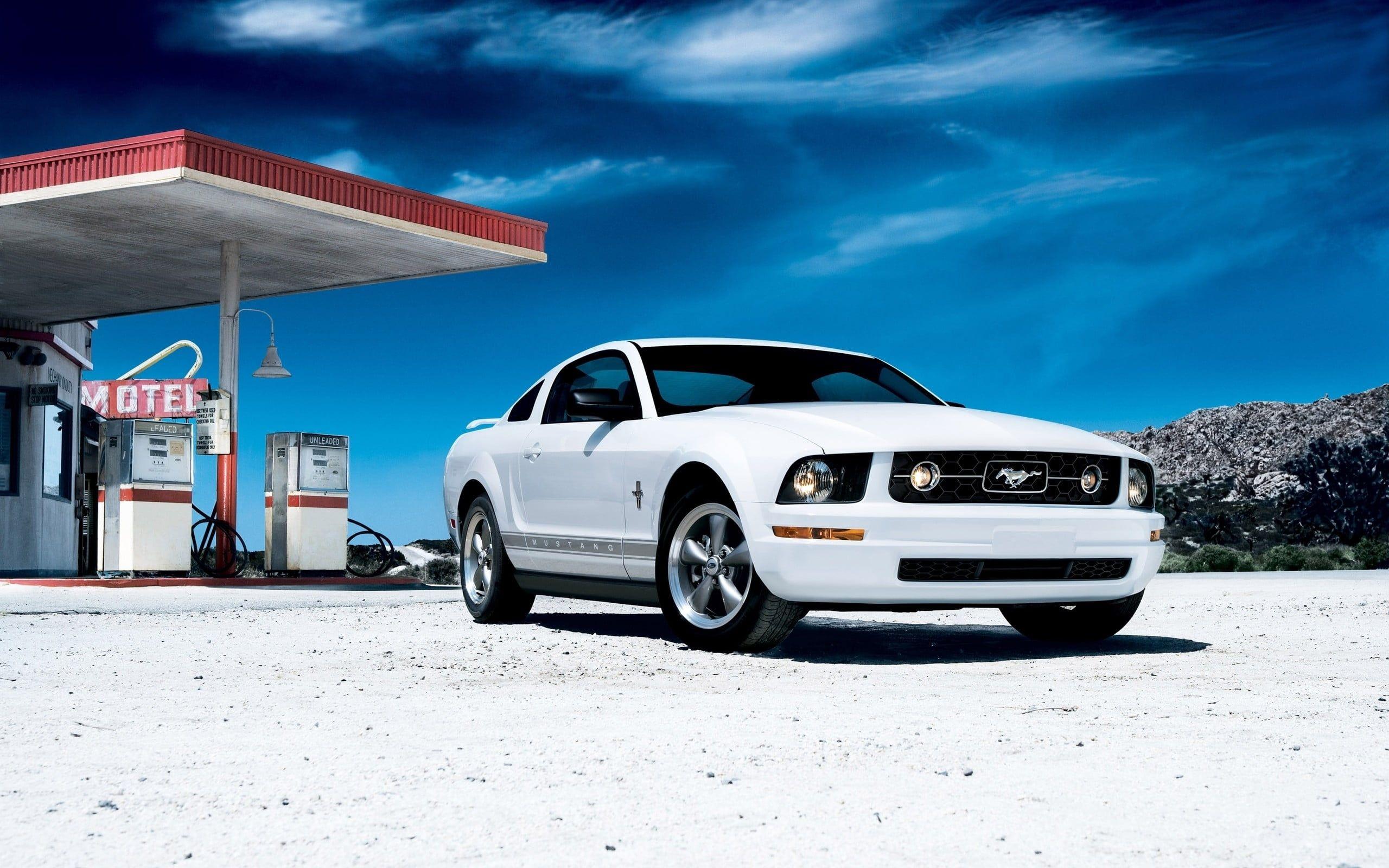 2560x1600 White Ford Mustang near on gas station HD wallpaper