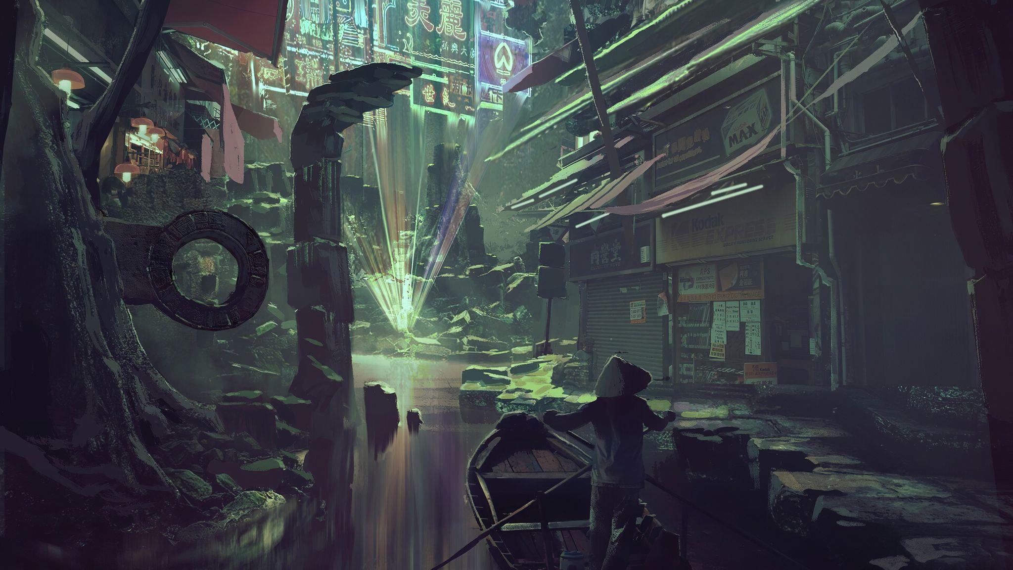 2048x1152 Cyberpunk Market Set In Ancient Ruins 4k 2048x1152 Resolution HD 4k Wallpaper, Image, Background, Photo and Picture
