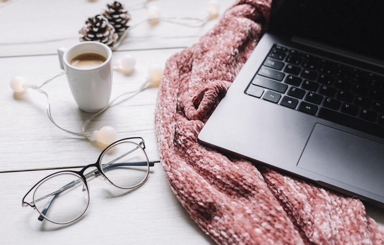 1332x850 Wallpaper winter, scarf, glasses, laptop, winter, cup, coffee, glasses, laptop, a Cup of coffee image for desktop, section стиль