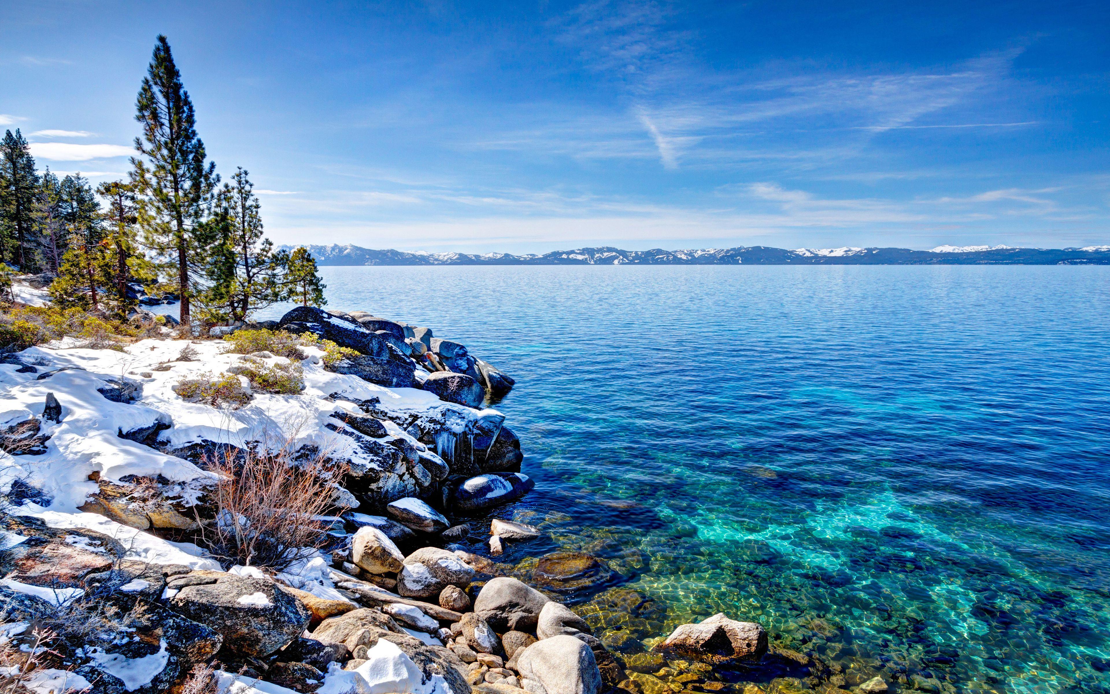 3840x2400 Download wallpaper Lake Tahoe, 4k, mountain lake, winter, coast, Emerald Bay State Park, USA, California for desktop with resolution 3840x2400. High Quality HD picture wallpaper
