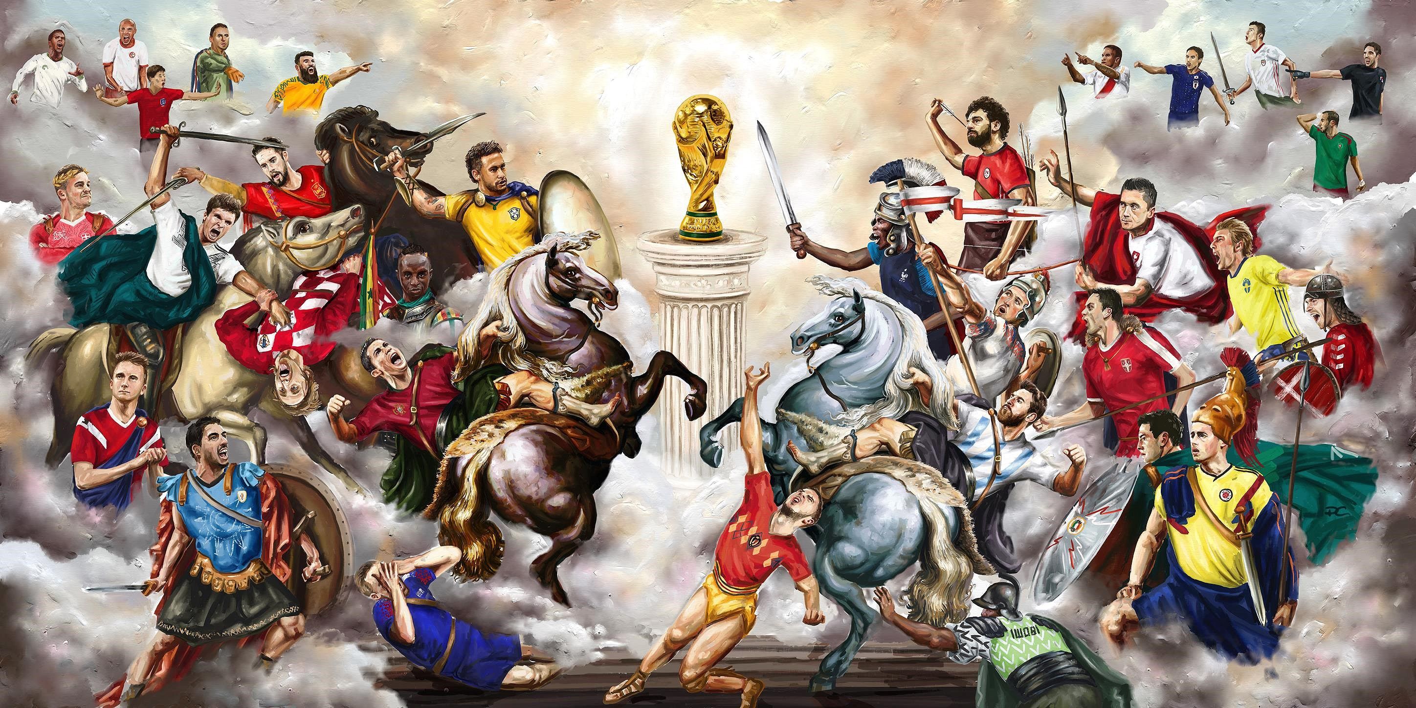 2896x1448 Wallpaper horse, football, sport, the game, battle, Cristiano Ronaldo, Cup, Lionel Messi for mobile and desktop, section спорт, resolution 2896x1448