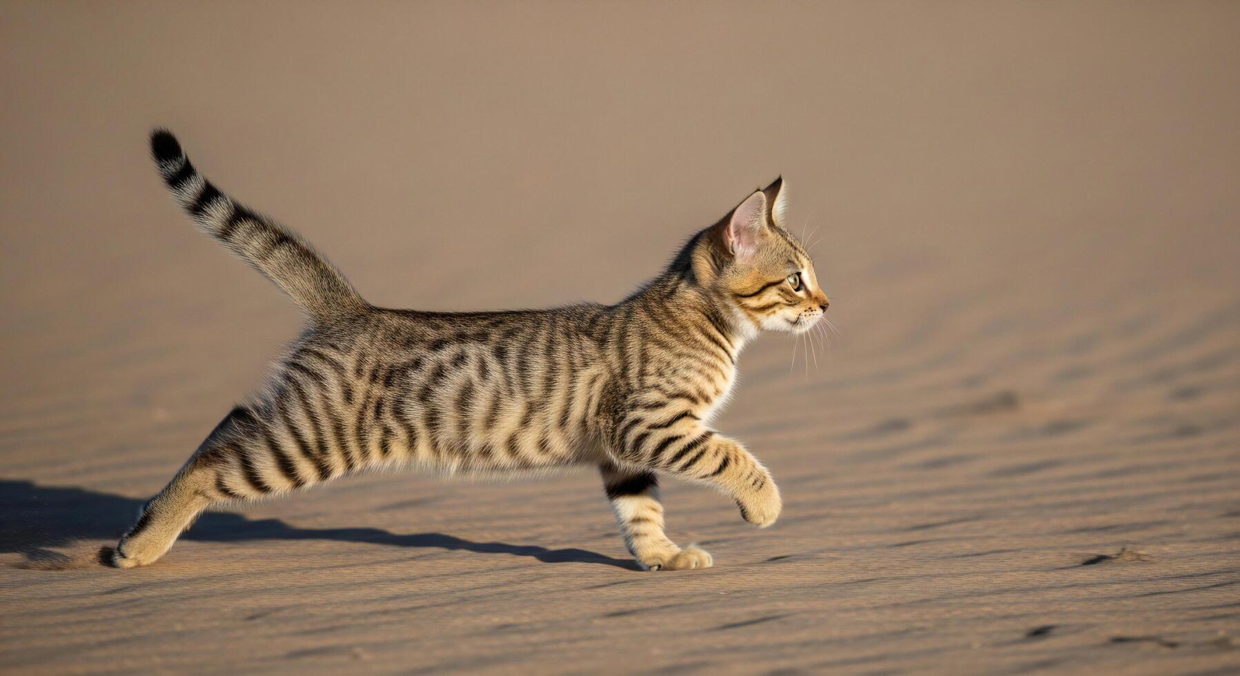 1797x980 Cat background, Cat wallpaper, A striped tabby kitten walks cautiously across a textured sandy landscape with soft light