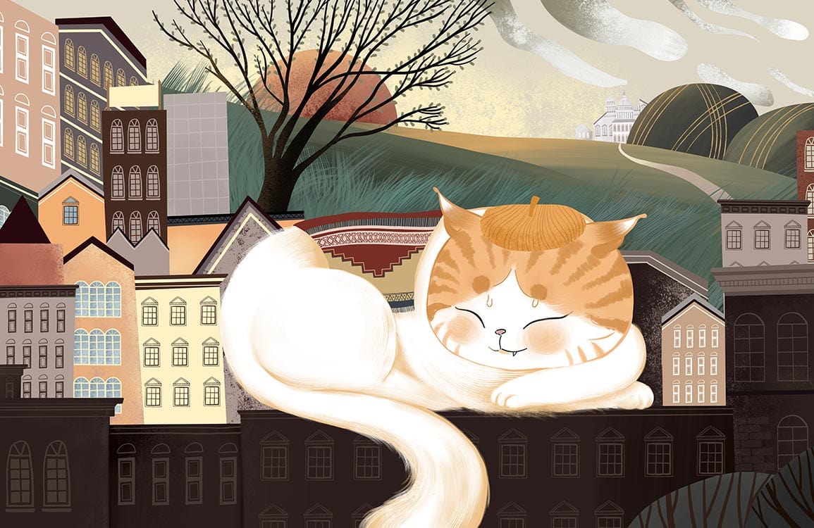 1155x750 Charming Whimsical Cat Landscape Mural Wallpaper in Warm Earthy Tones