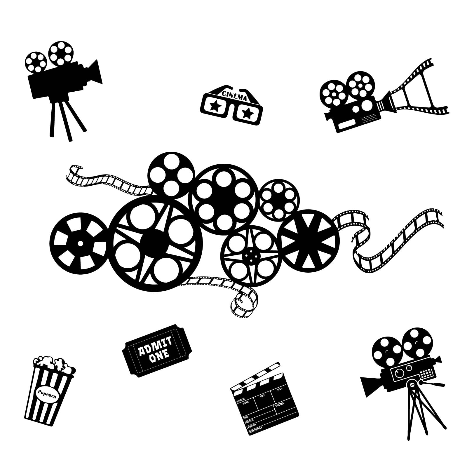 1600x1600 SUPERDANT Movie Reel Wall Decor Movie Elements Wall Sticker Filmstrip Popcorn Decals Vinyl Art Decor Wallpaper Stickers Art Mural for Movies Theater Cinema Living Room Decoration 35.4x11.8in : Tools & Home
