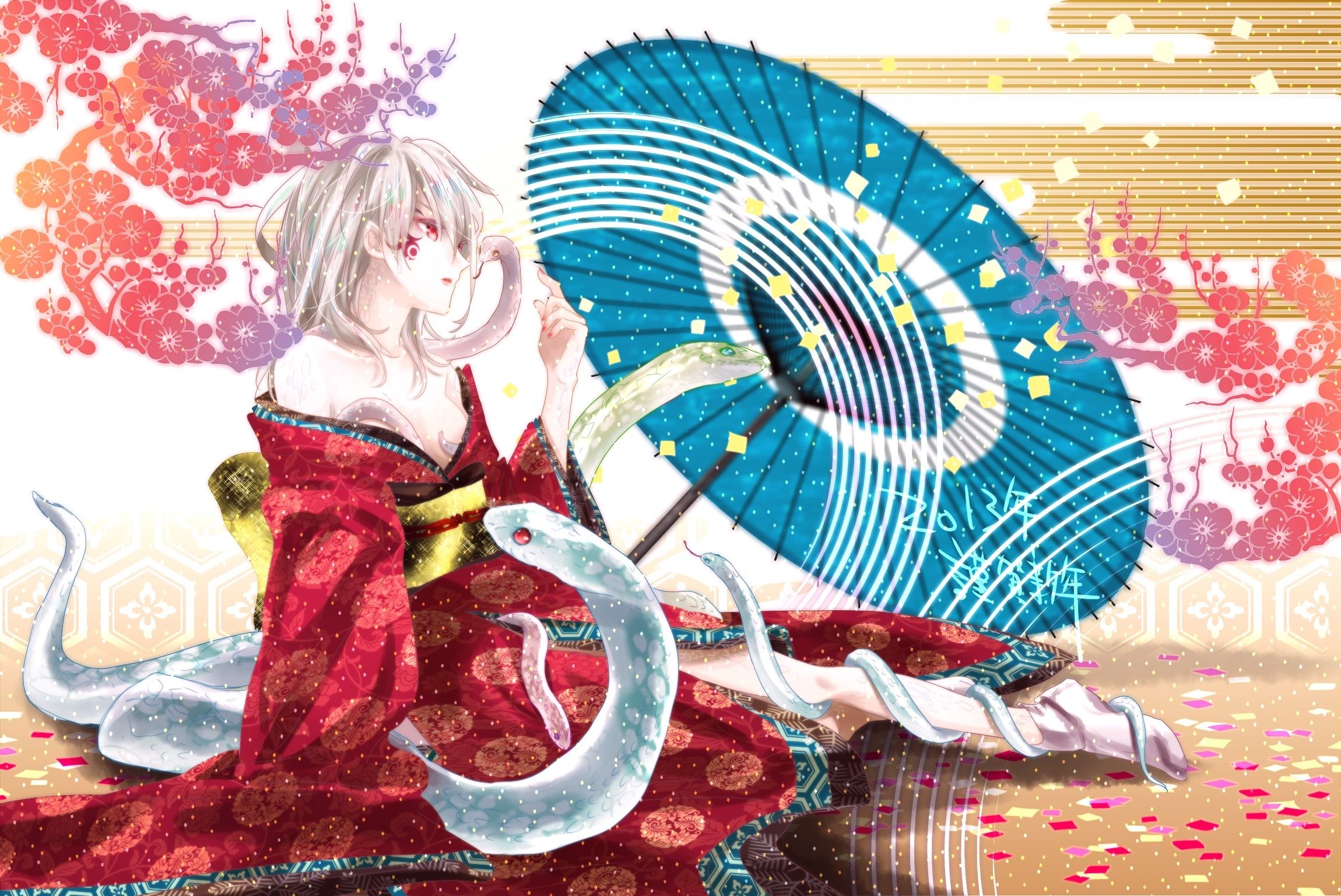 2300x1536 Wallpaper look, girl, snake, umbrella, petals, art, zaregoto series, hii101 for mobile and desktop, section аниме, resolution 2300x1536