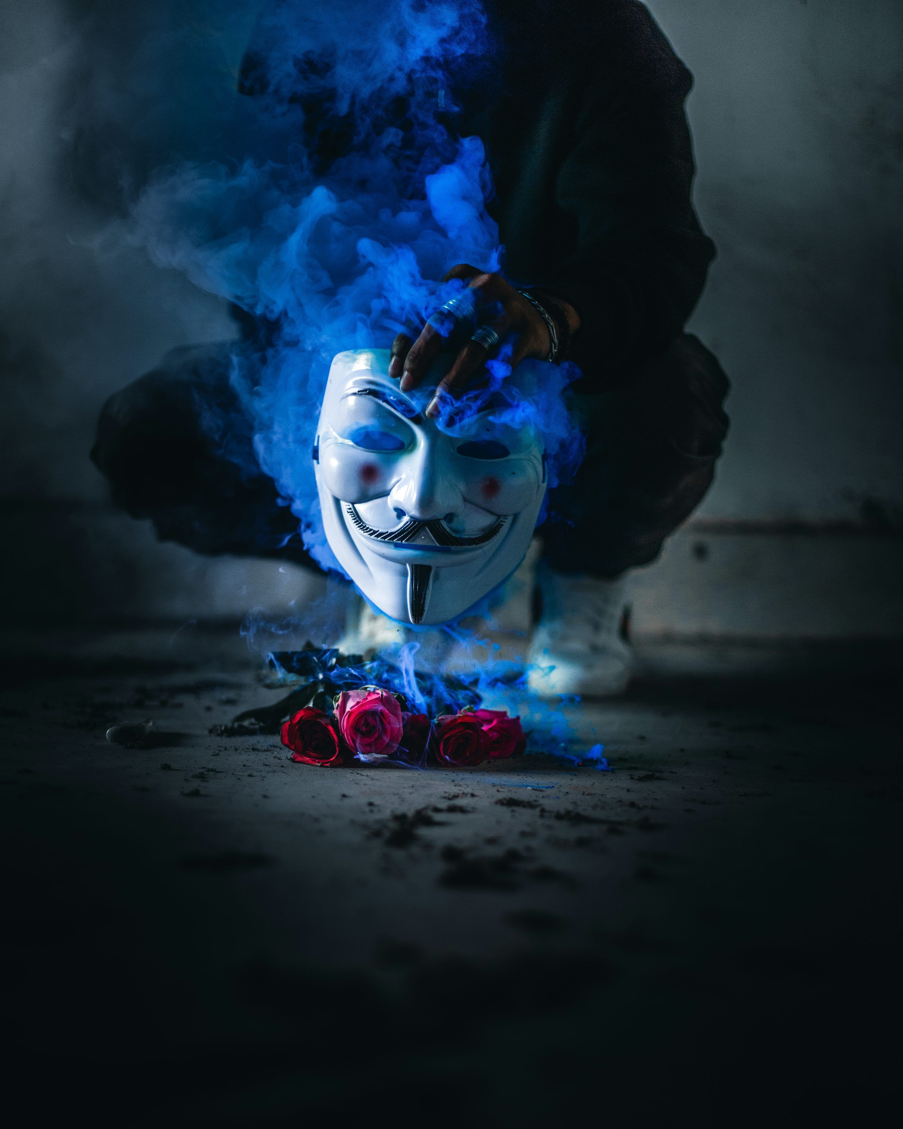 3000x3750 Person holding Guy Fawkes mask above smoking red roses photo