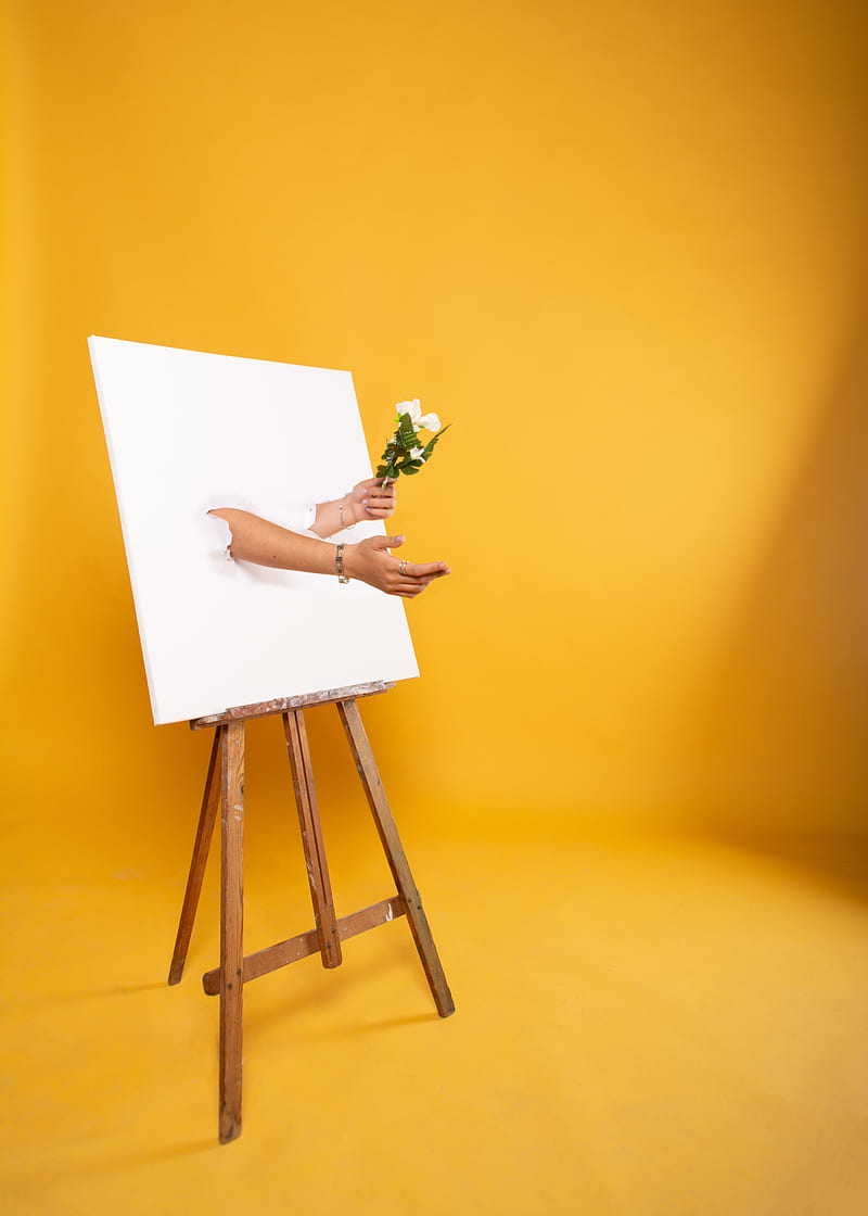 800x1120 Easel, canvas, hands, flowers, illusion, installation, HD phone wallpaper