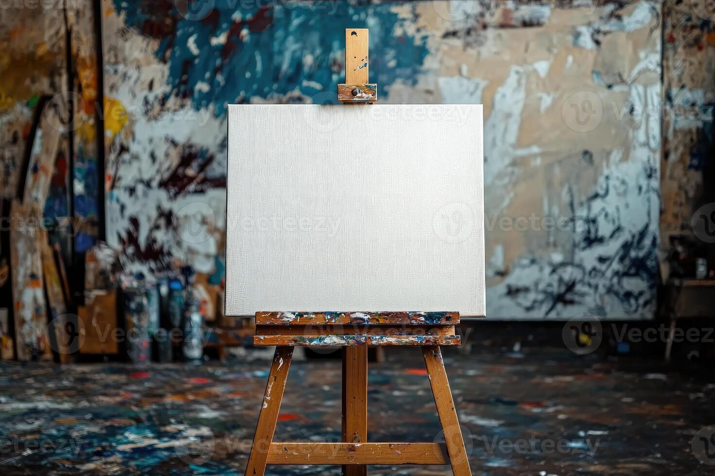 1471x980 Blank canvas standing on easel in an art studio with abstract painting in background