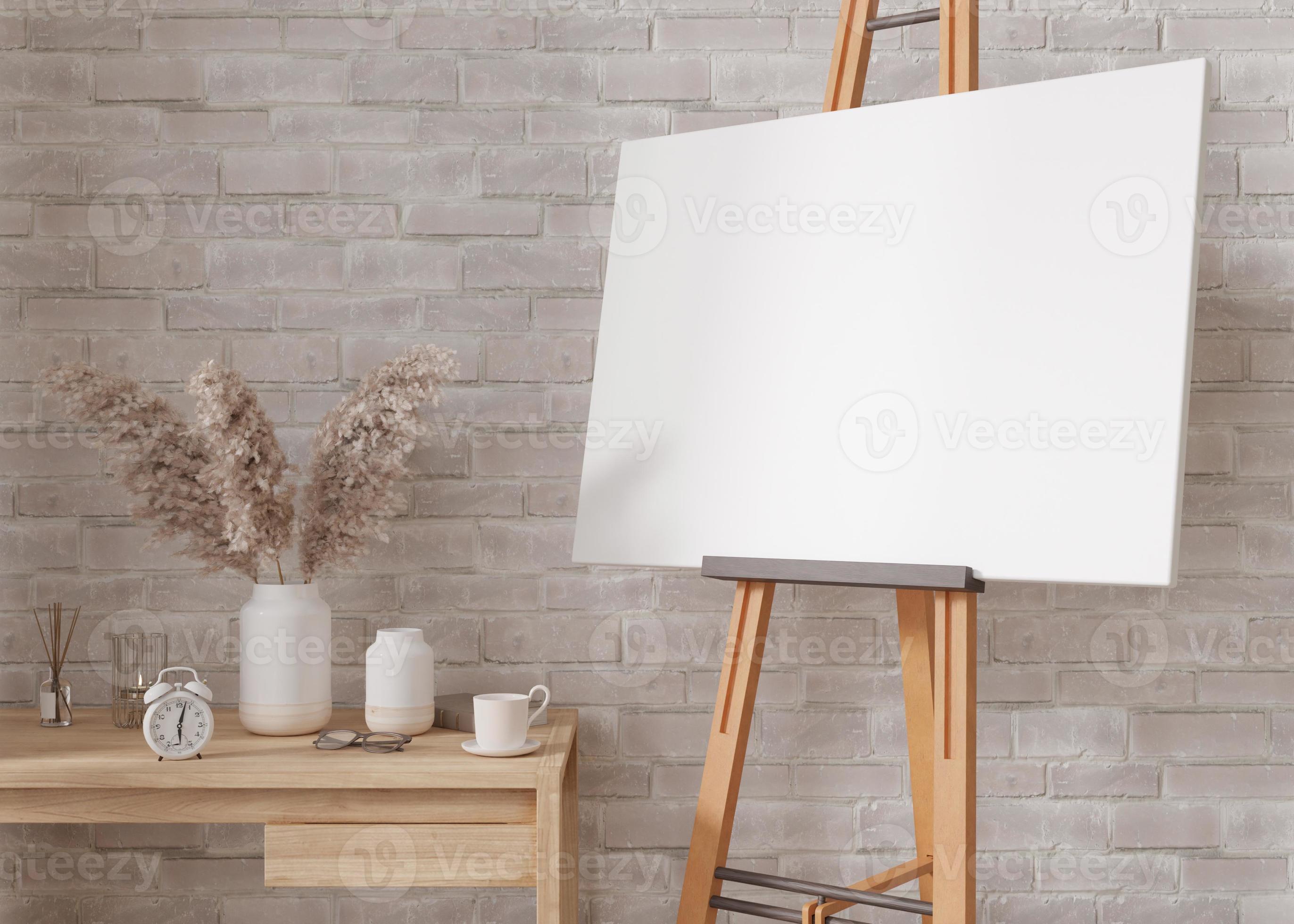 2744x1960 Empty horizontal canvas on wooden easel in modern and cozy room. Canvas mock up, interior in scandinavian, boho style. Free, copy space for your picture. Artwork presentation. 3D rendering. 15274880