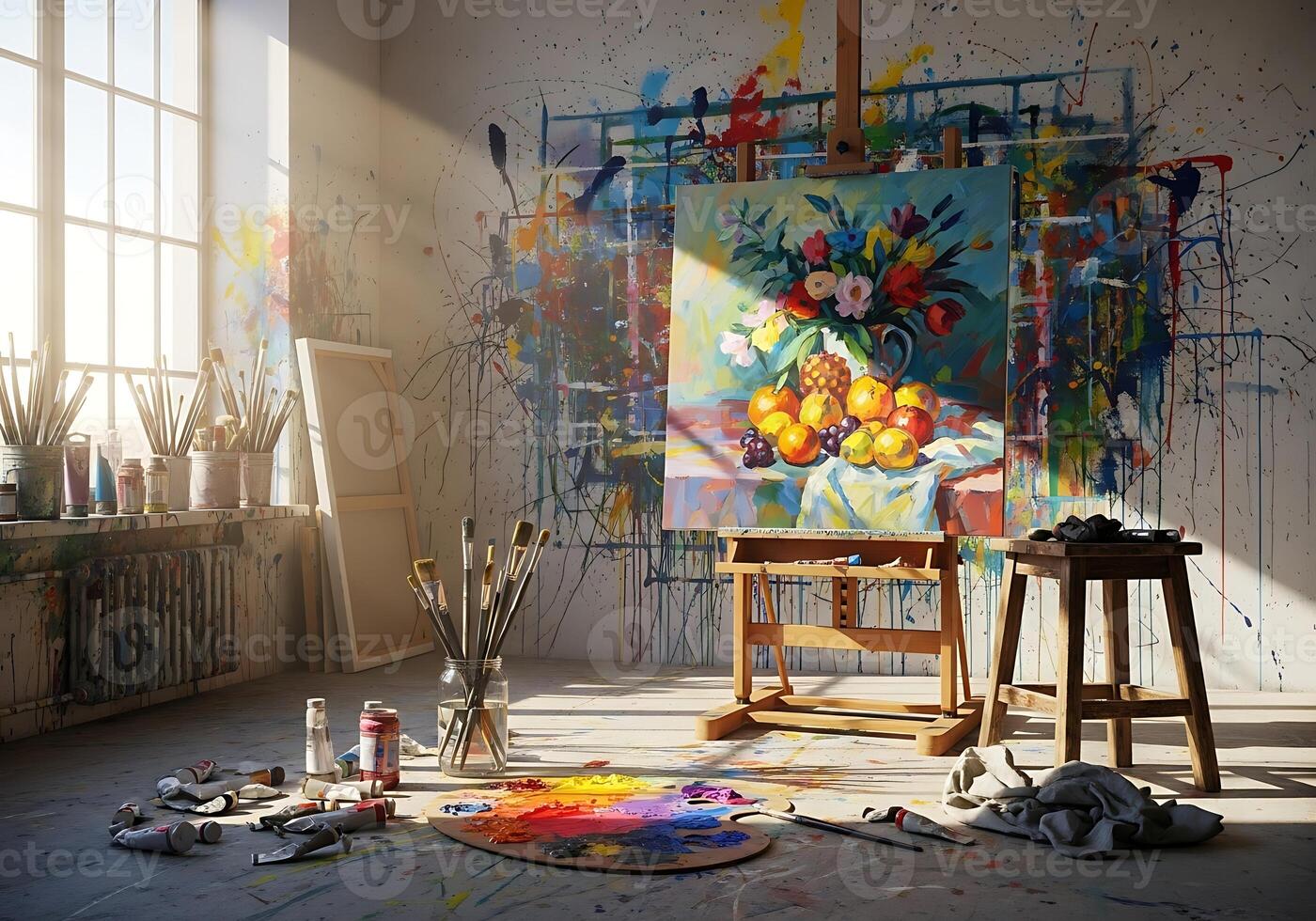1400x980 Artist s workspace with painting on easel fruit still life and scattered art supplies