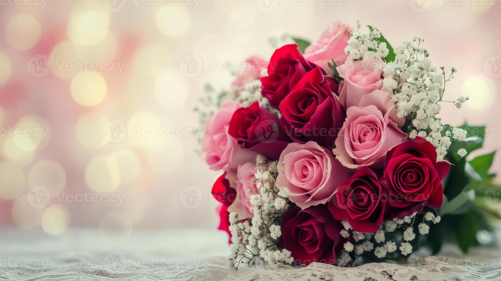 1749x980 Pink and Red Rose Bouquet on Lace with Bokeh Background