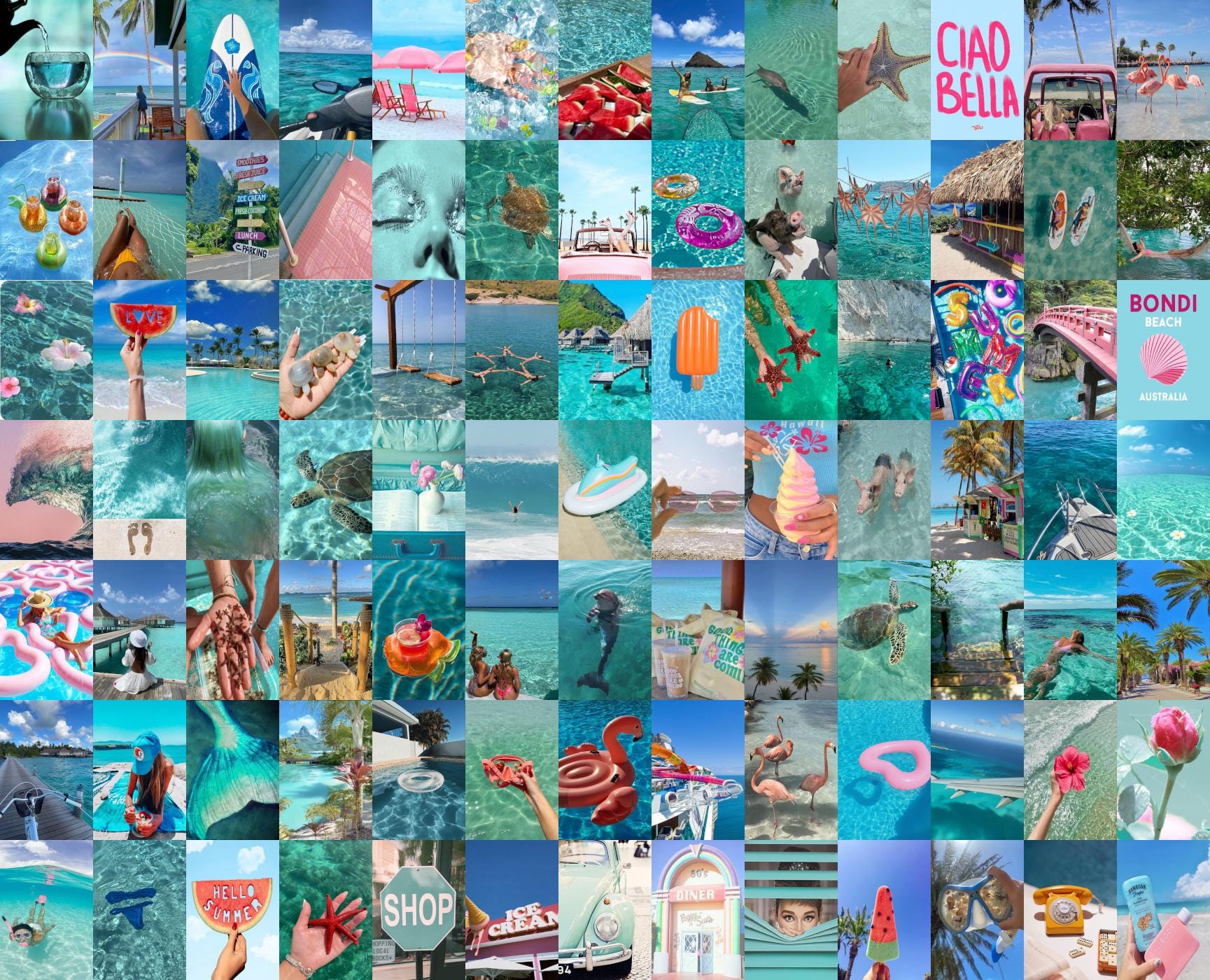 1729x1400 Turquoise Wall Collage Kit. Blue Aesthetic Photo Collage Prints. Pink and Blue Summer Wall Collage. Beachy Photo Collage