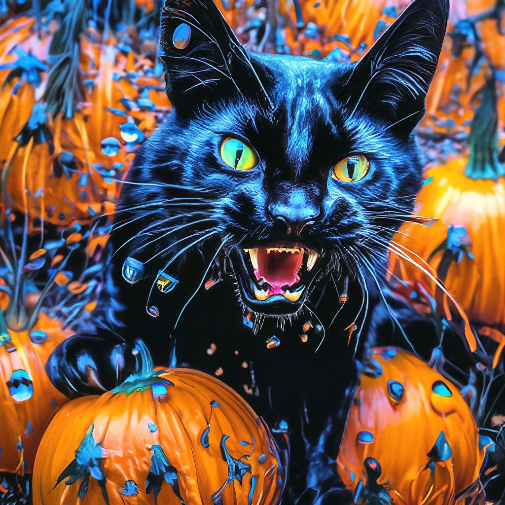 1024x1024 Black background, scary black cat