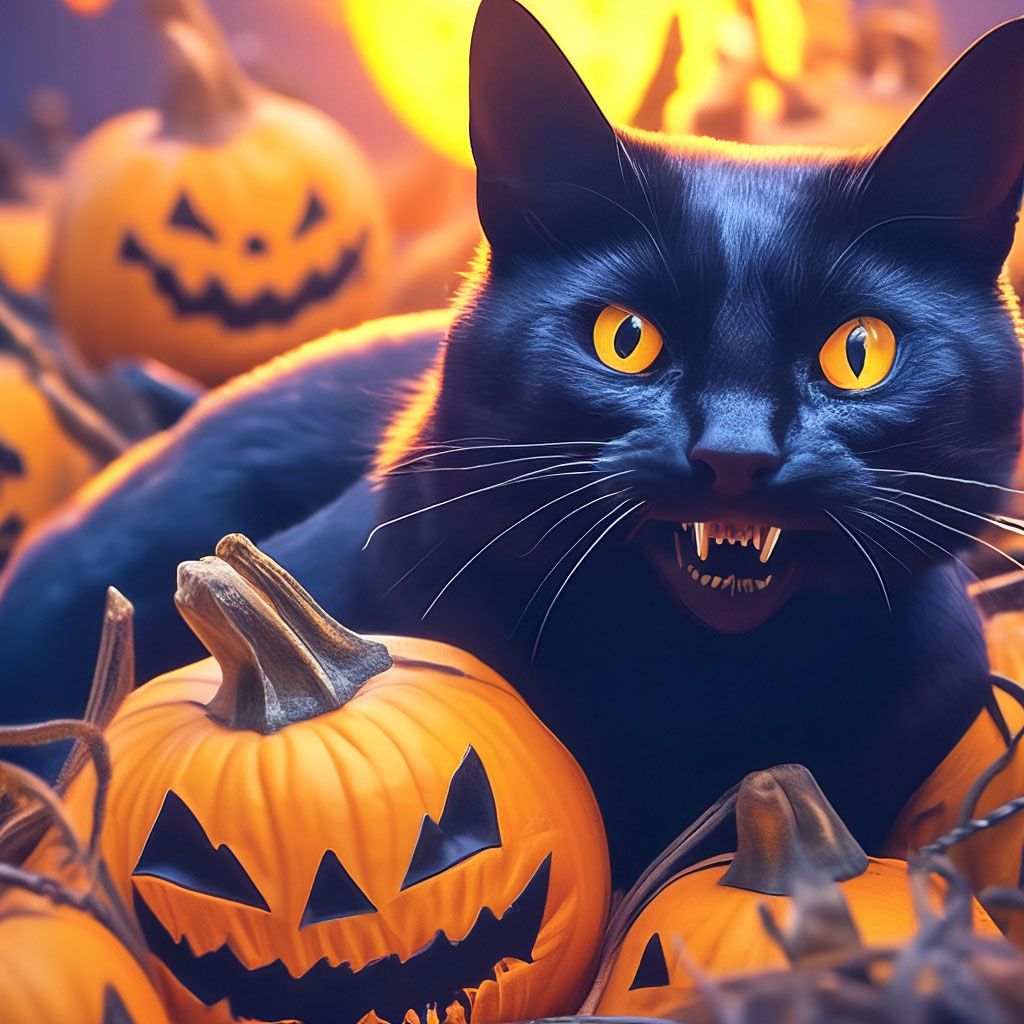 1024x1024 Black background, scary black cat