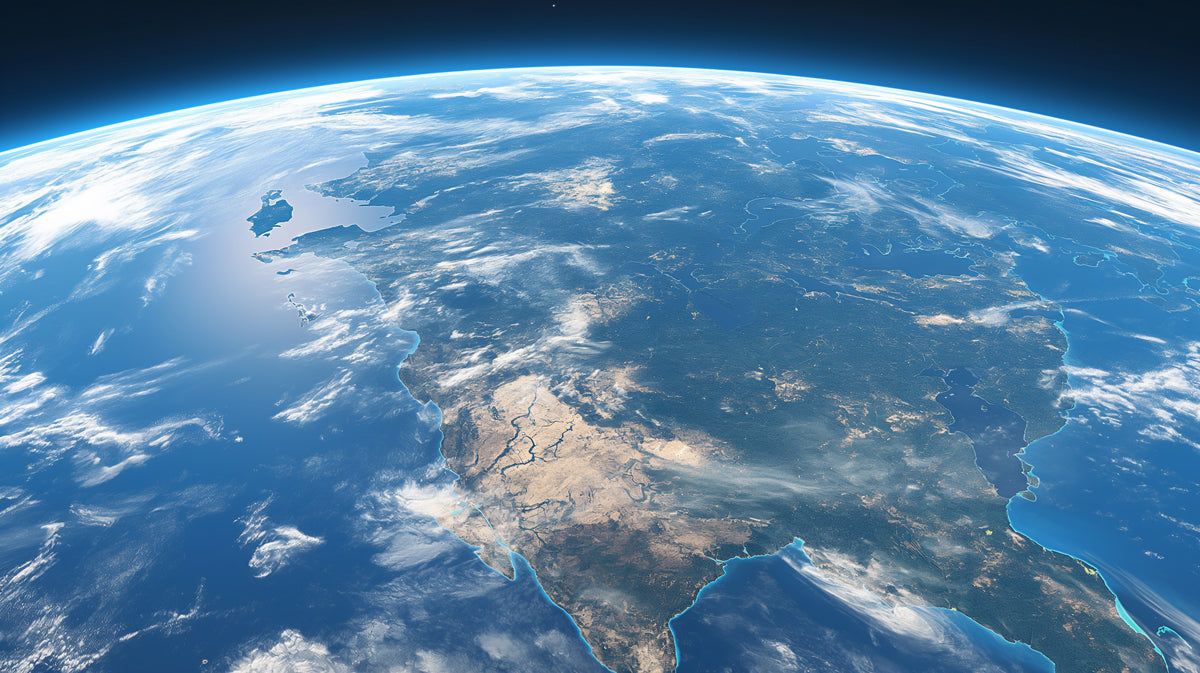 1200x673 Low Horizon Earth View Mural Wallpaper. Cinematic Perspective, Detailed Asia Coastline, Curving Planet