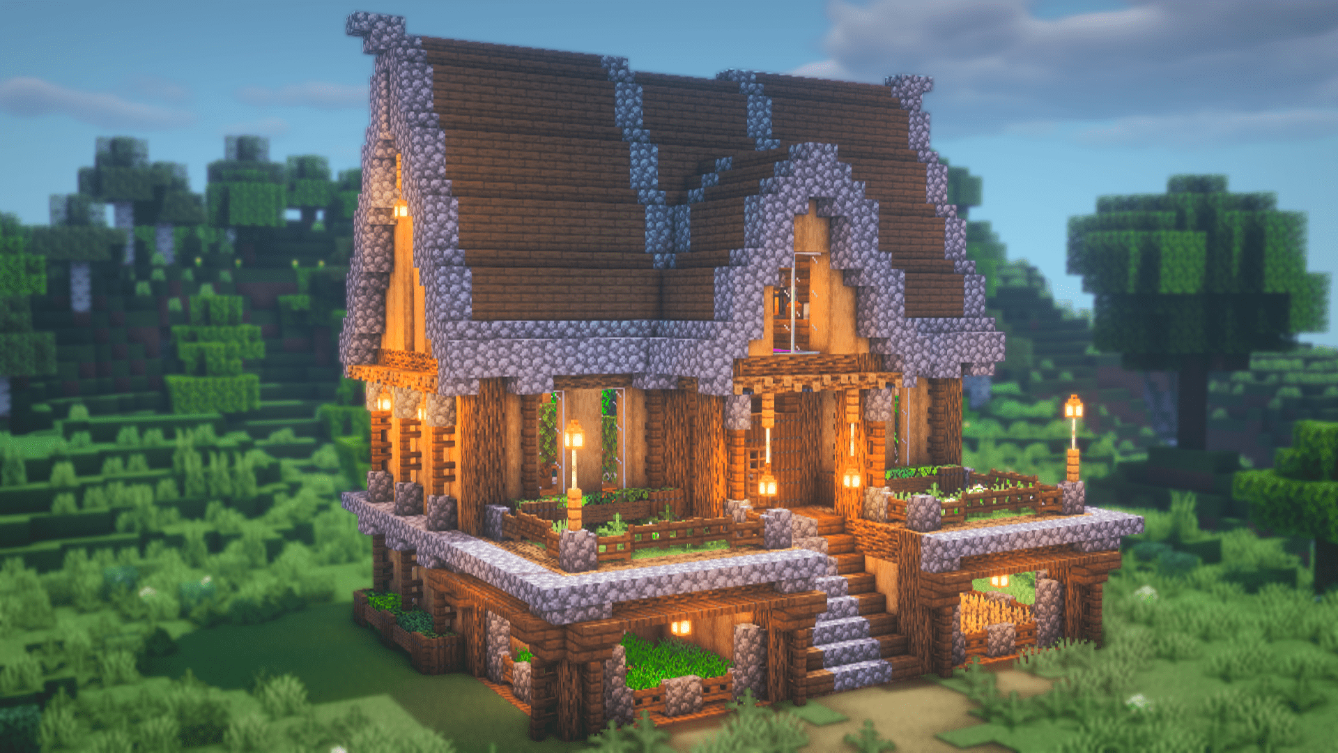 1920x1080 A Large Wooden Mansion the Has everything you would need for survival in Minecraft